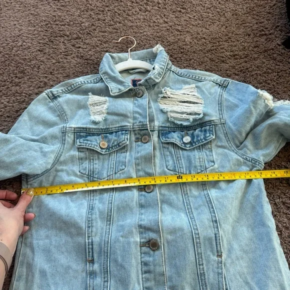 BoomBoom Jeans Jacket Denim Blue Shredded Distressed Denim Button Front Pocket M - Picture 9 of 9